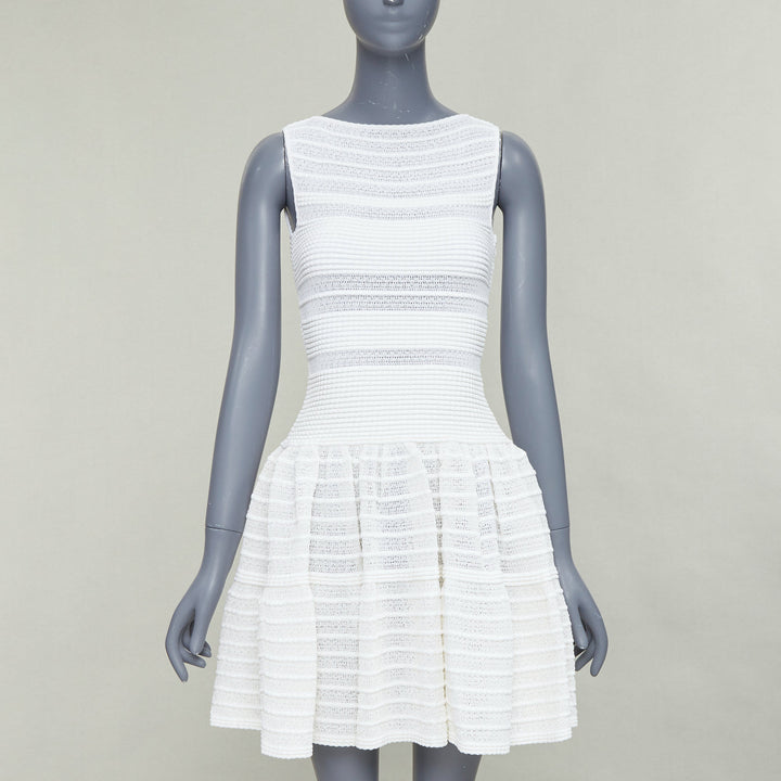 ALAIA cream viscose blend horizontal tiered knit fit flare mini dress FR36 S