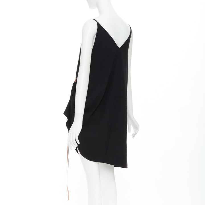 LOEWE black crepe brown anagram leather gathered side dress XS