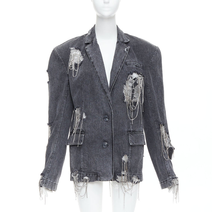 MARKGONG grey denim clear beads chain embellished blazer FR36 S