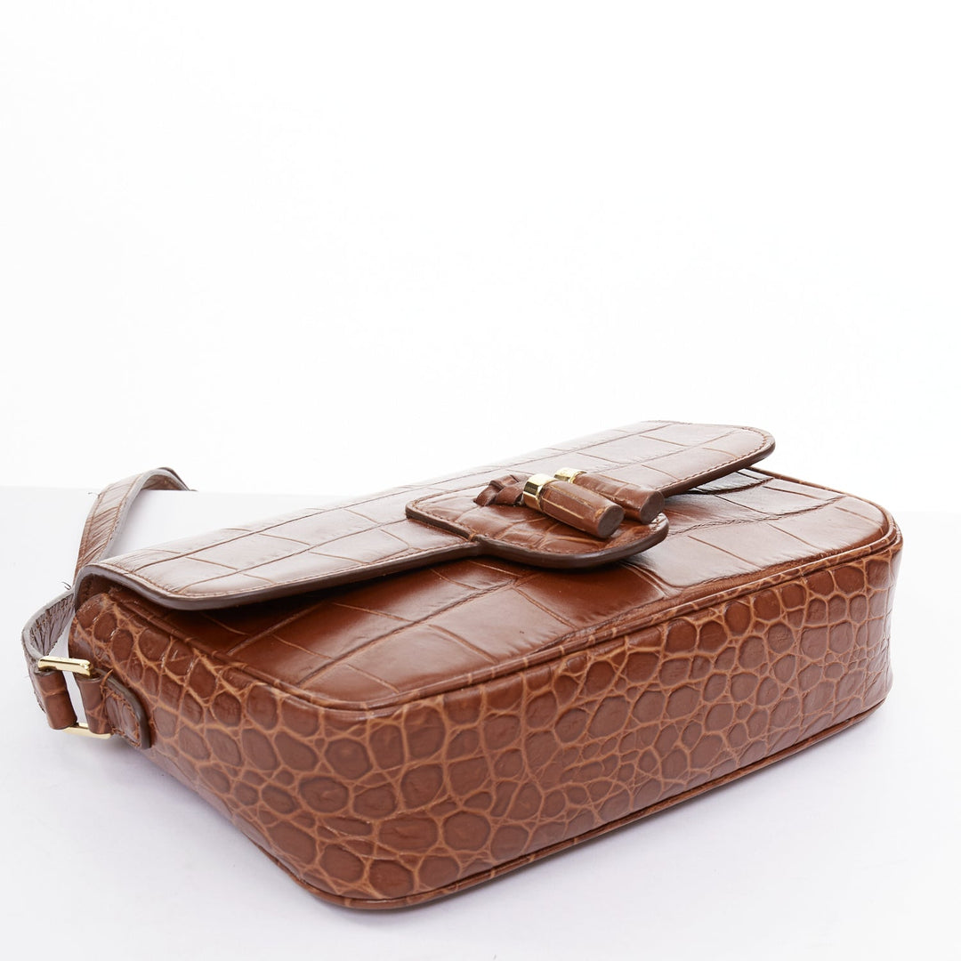 CELINE Medium Tassel brown embossed cow hide leather fringed crossbody bag