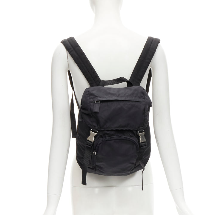 PRADA Signature Tessuto Nylon black triangle logo double buckle small backpack