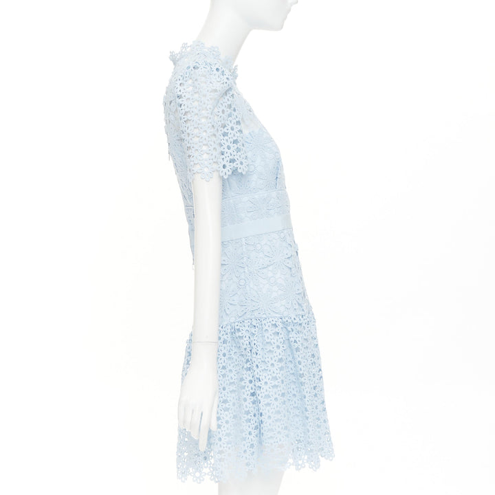 SELF PORTRAIT Geo Guipure Lace light blue grosgrain mock neck dress UK8 S