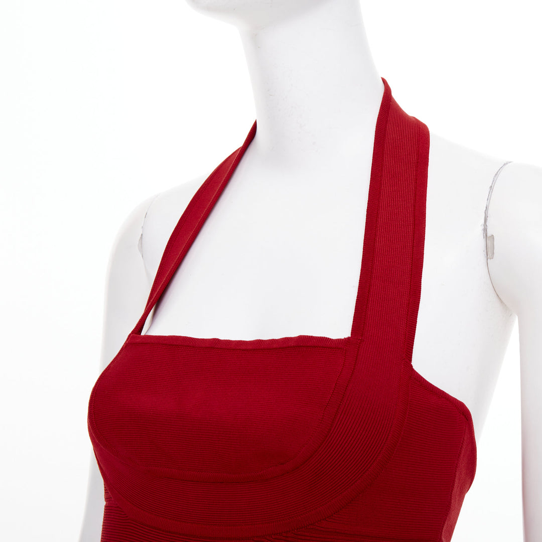 HERVE LEGER red halter neck structured bodycon bandage tank top XS