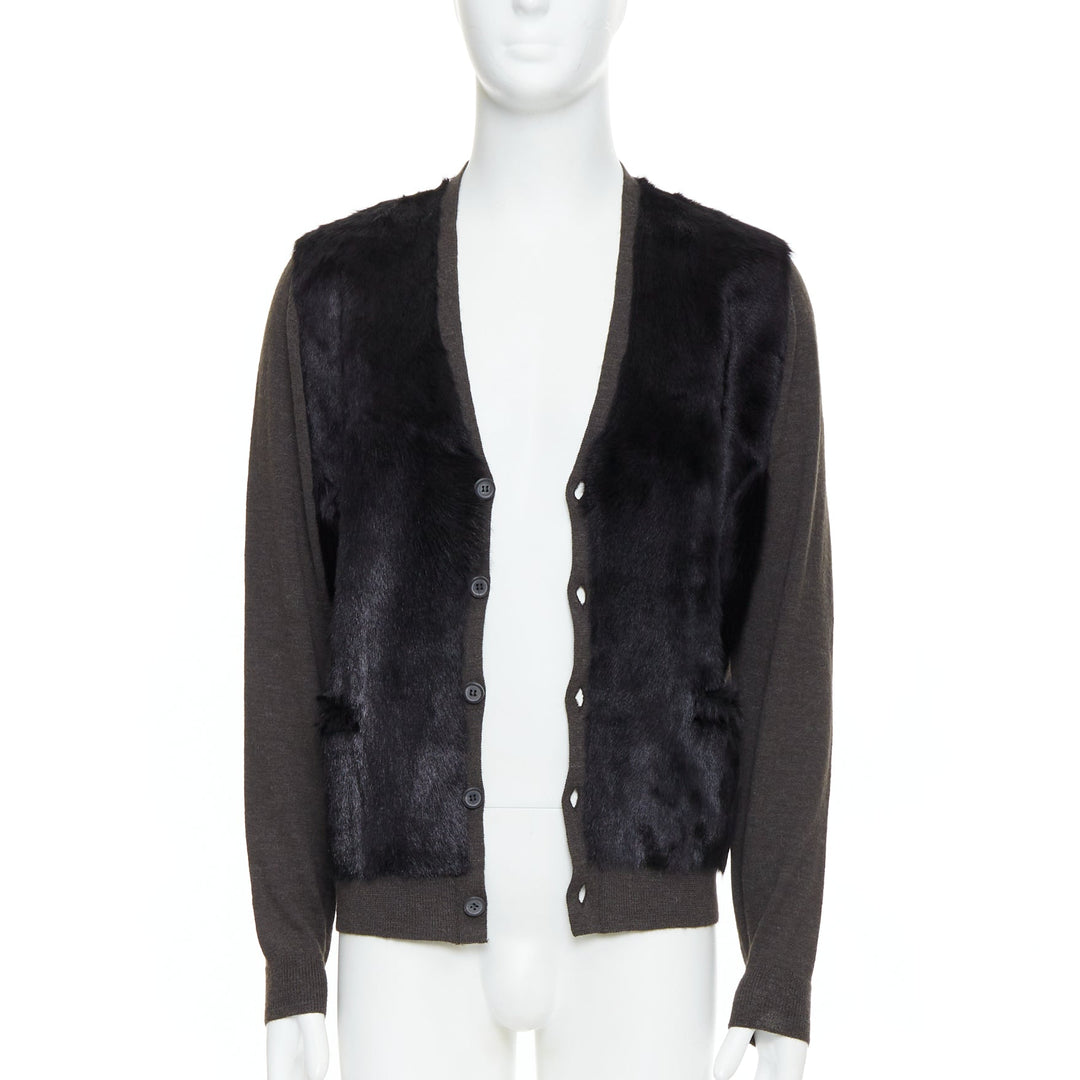 LANVIN black brown 100% alpaca fur front panel cardigan jacket M