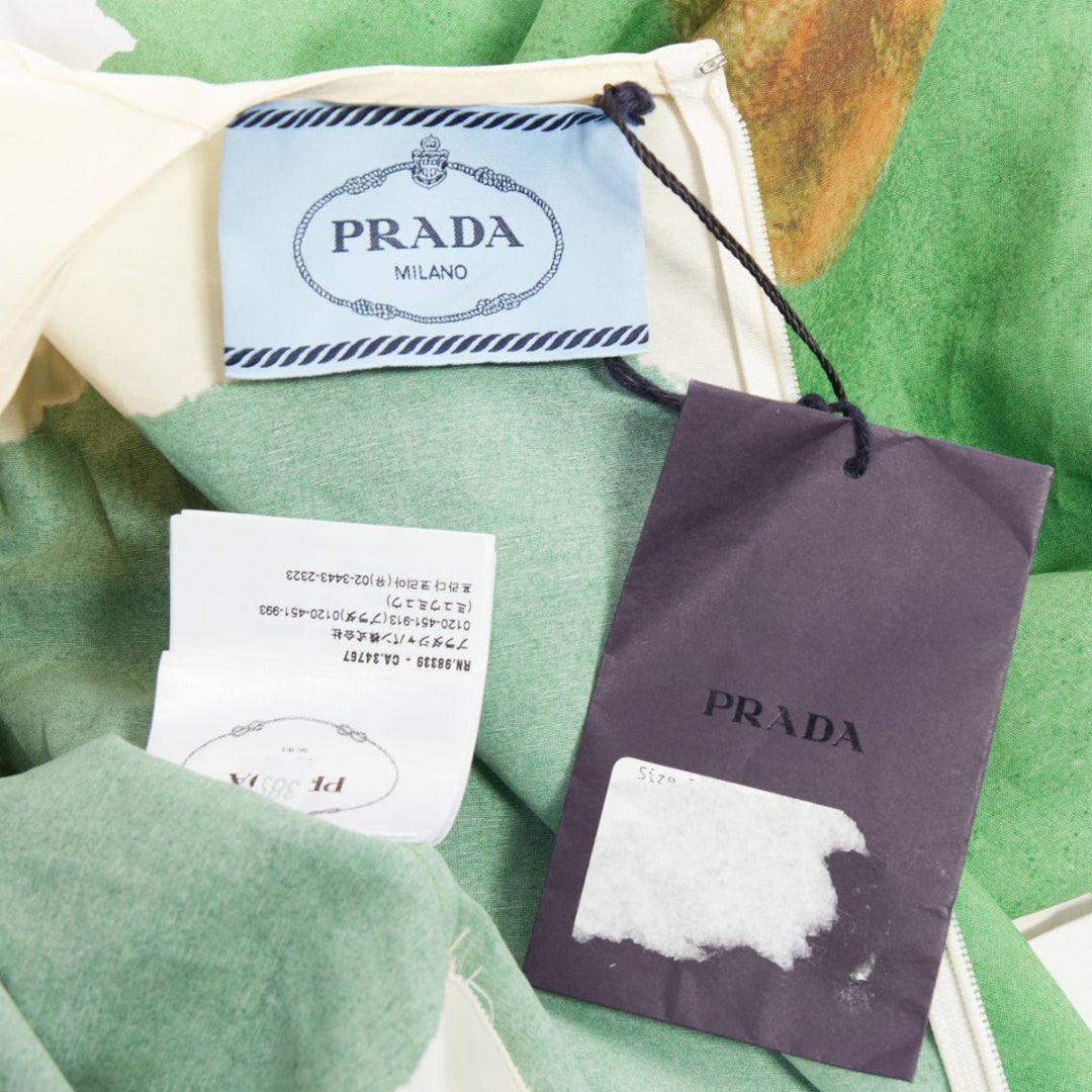 PRADA 2023 Runway green paper blend brown floral print crinkled dress IT38 XS