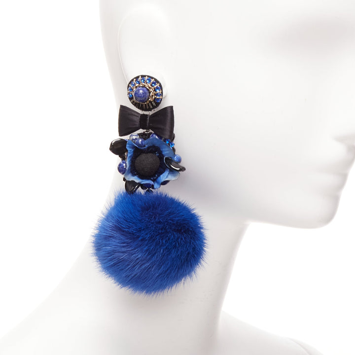 RANJANA KHAN blue black real fur crystal dangling clip on earrings