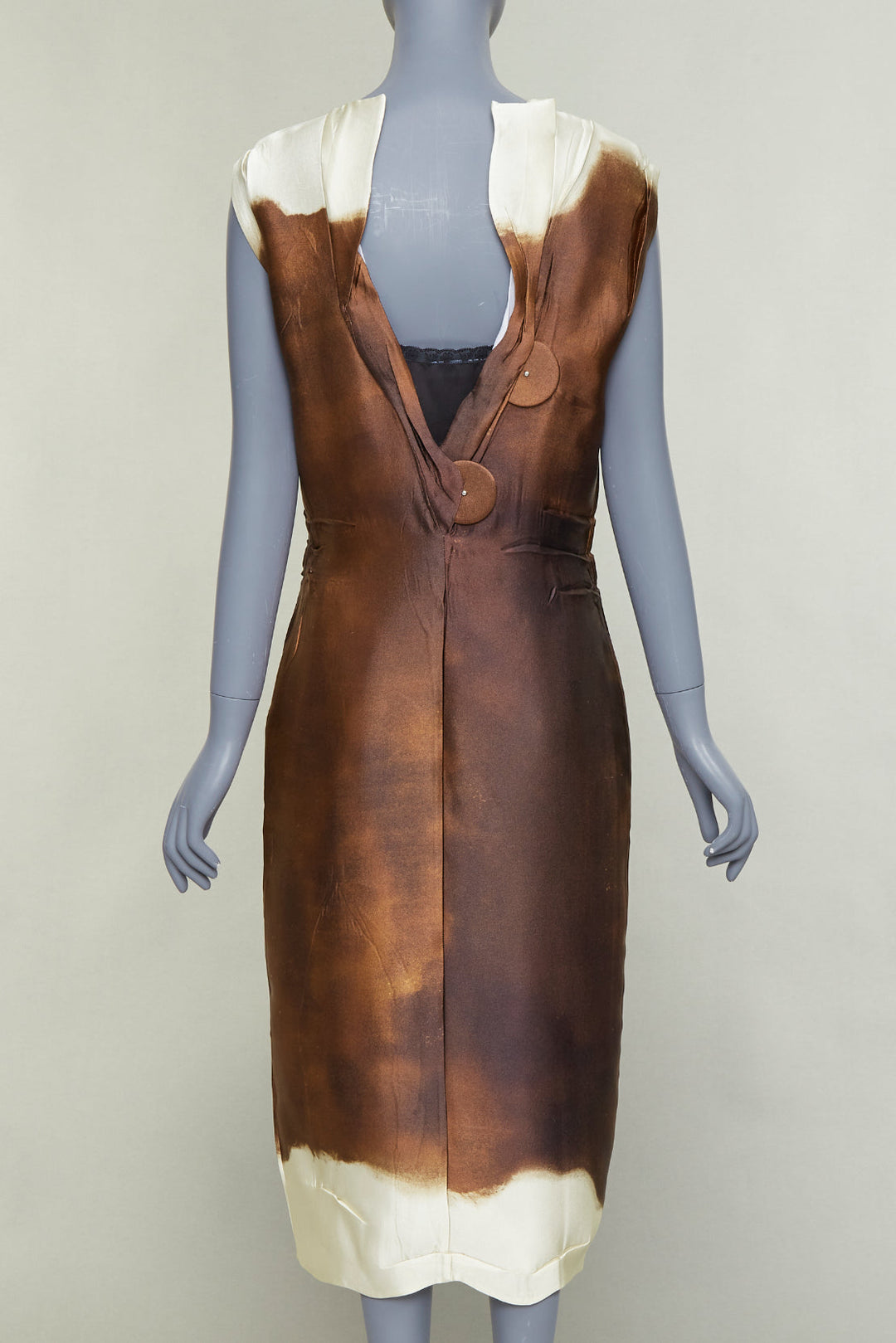 PRADA 2022 Runway brown cream silk blend tie dye trompe loeil slit dress IT38 XS