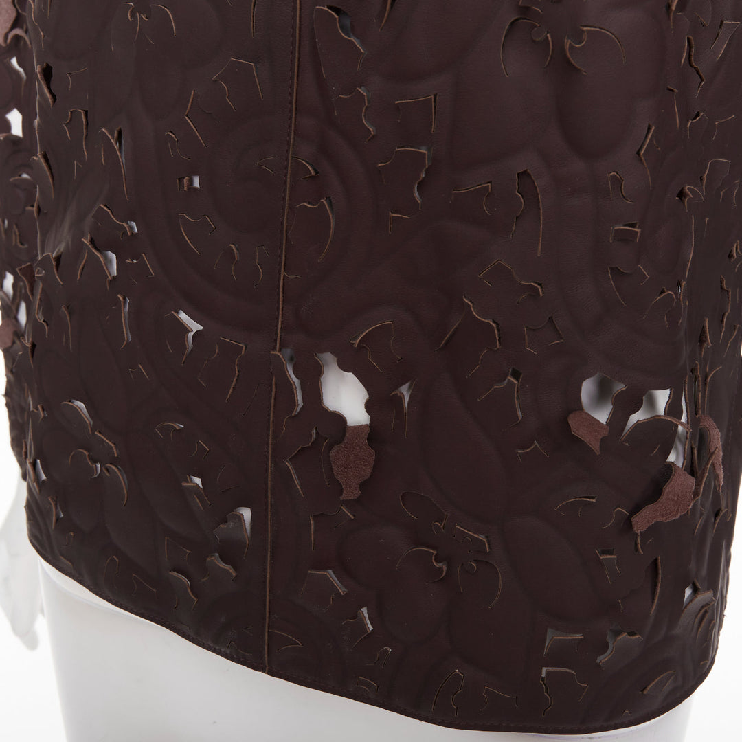rare CARVEN Cassis brown laser cut lambskin leather floral top FR36