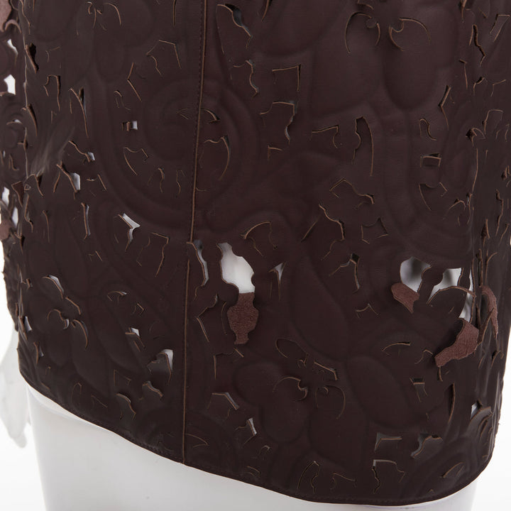 rare CARVEN Cassis brown laser cut lambskin leather floral top FR36