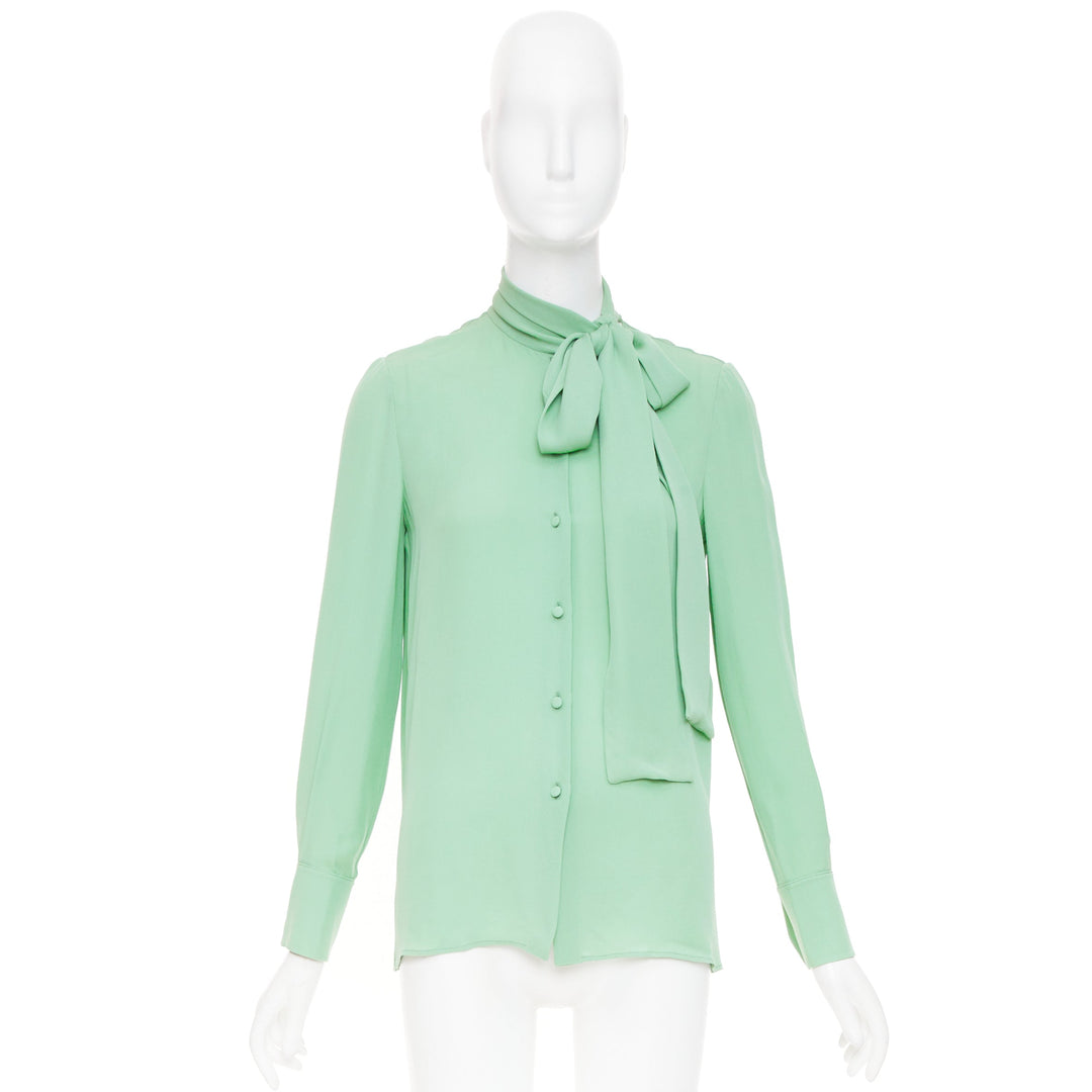 VALENTINO 2019 pastel mint green long sleeve silk crepe pussy bow blouse IT38 XS