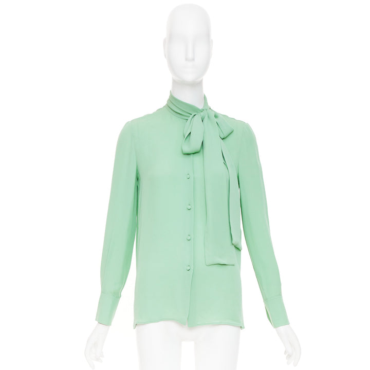 VALENTINO 2019 pastel mint green long sleeve silk crepe pussy bow blouse IT38 XS