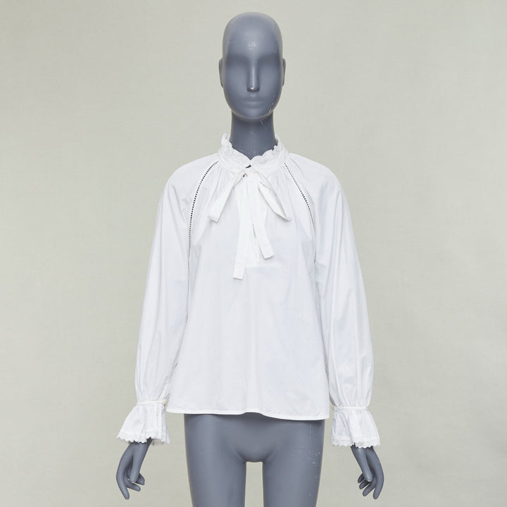 LEE MATHEWS white cotton ruffle lace trim peasant blouse Sz.1 XS