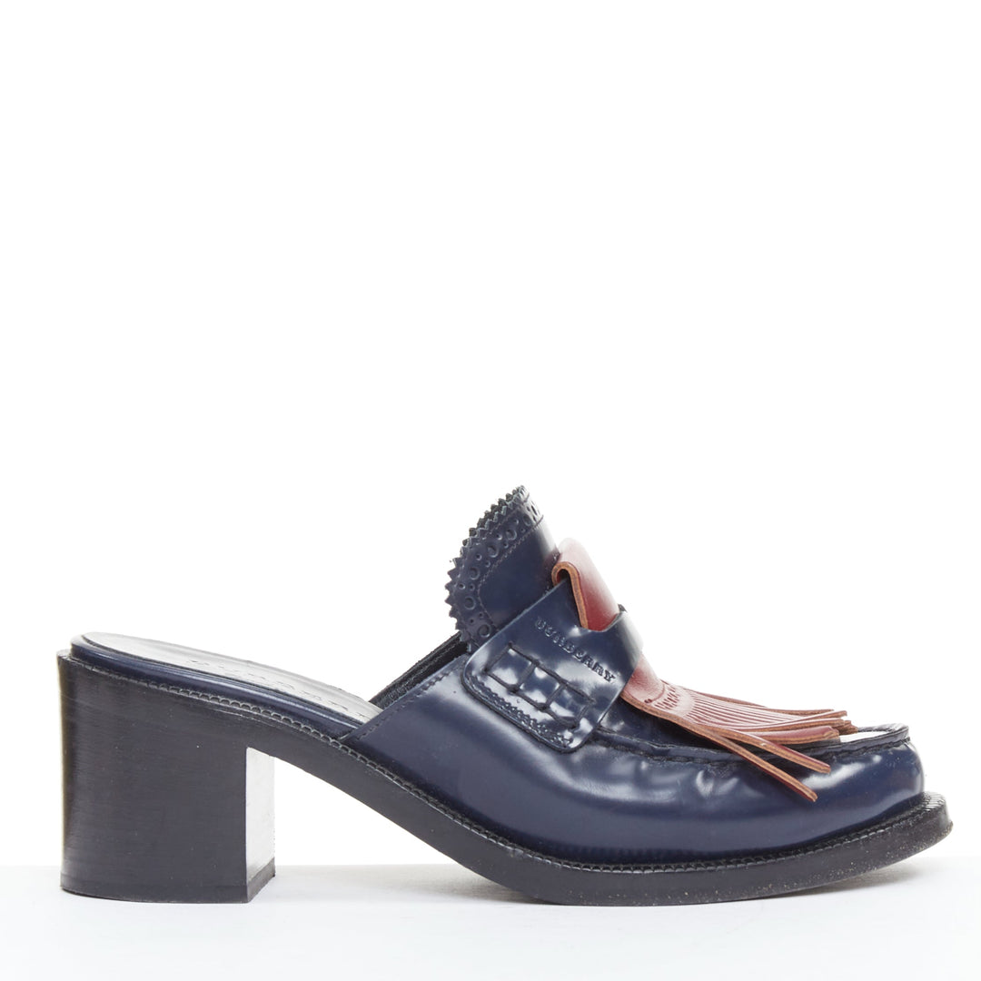 BURBERRY 2018 RUnway Beckshill Contrast navy red fringed brogues mules EU38
