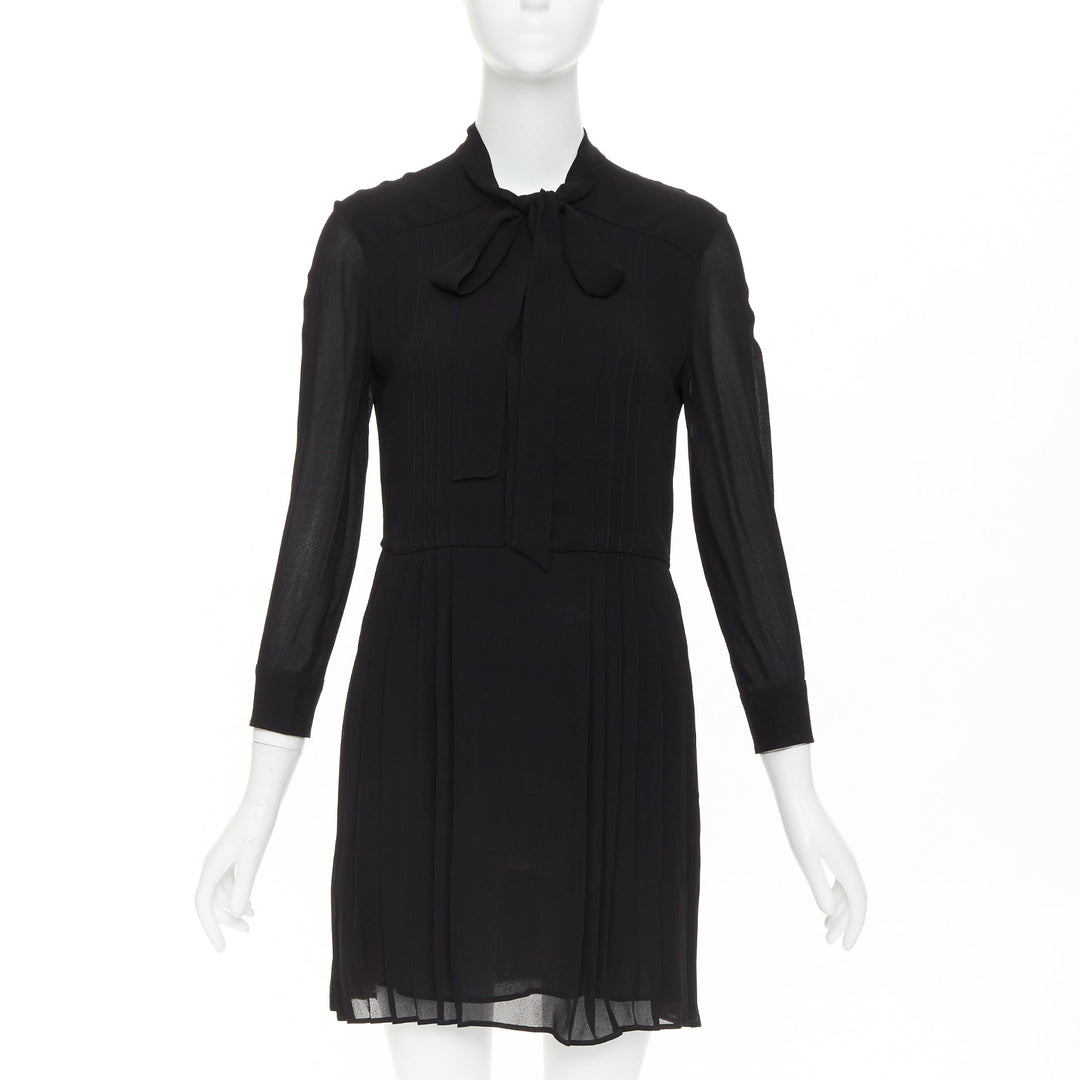 SAINT LAURENT 2013 black acetate blend pussybow pleated mini dress FR36 S