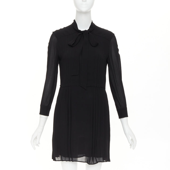 SAINT LAURENT 2013 black acetate blend pussybow pleated mini dress FR36 S