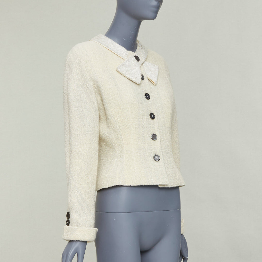 VALENTINO BOUTIQUE Vintage cream wool tweed beaded collar contour bar jacket US8