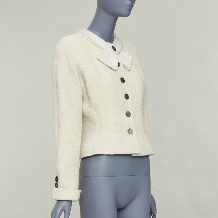 VALENTINO BOUTIQUE Vintage cream wool tweed beaded collar contour bar jacket US8