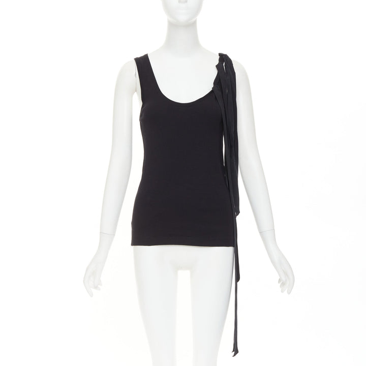 DRIES VAN NOTEN 2020 black ribbed cotton long ribbon shoulder tank top M