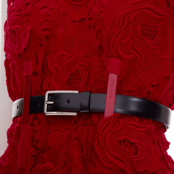 PRADA 2022 Runway red rose blooming guipure lace open back sheath dress IT40