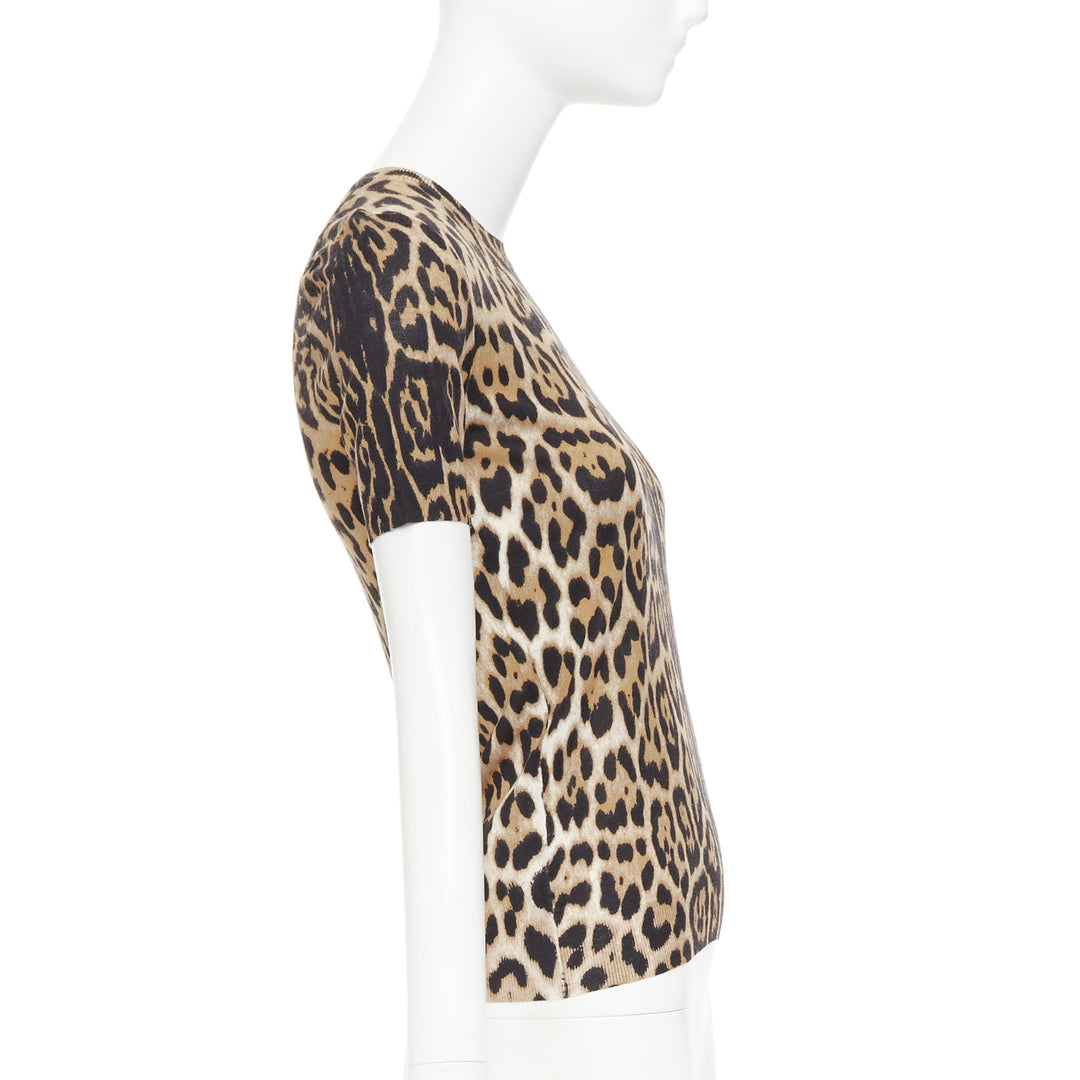 YVES SAINT LAURENT brown cashmere silk leopard logo crew knit sweater top S