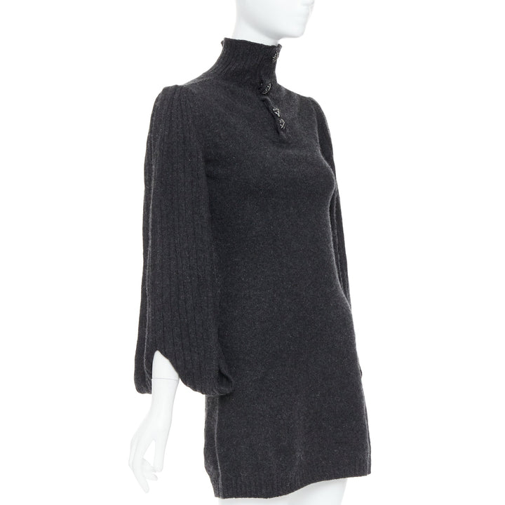 CHANEL 07A charcoal grey CC button loop sleeve sweater dress