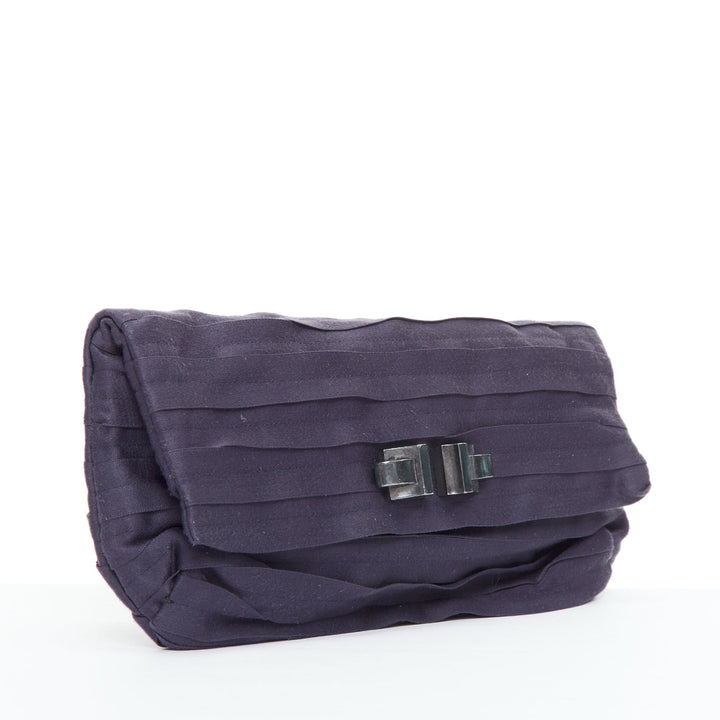 LANVIN purple satin pleated fabric silver buckle foldover clutch bag