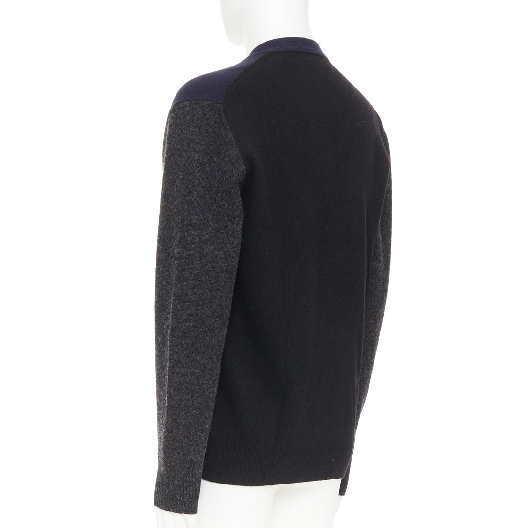 COMME DES GARCONS HOMME 2009 navy grey wool blend 2-tone cardigan sweater L