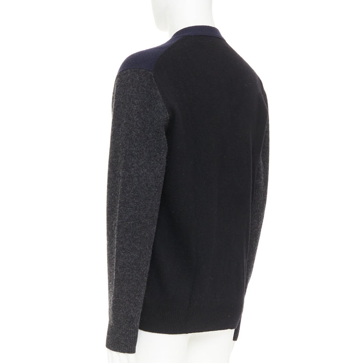 COMME DES GARCONS HOMME 2009 navy grey wool blend 2-tone cardigan sweater L