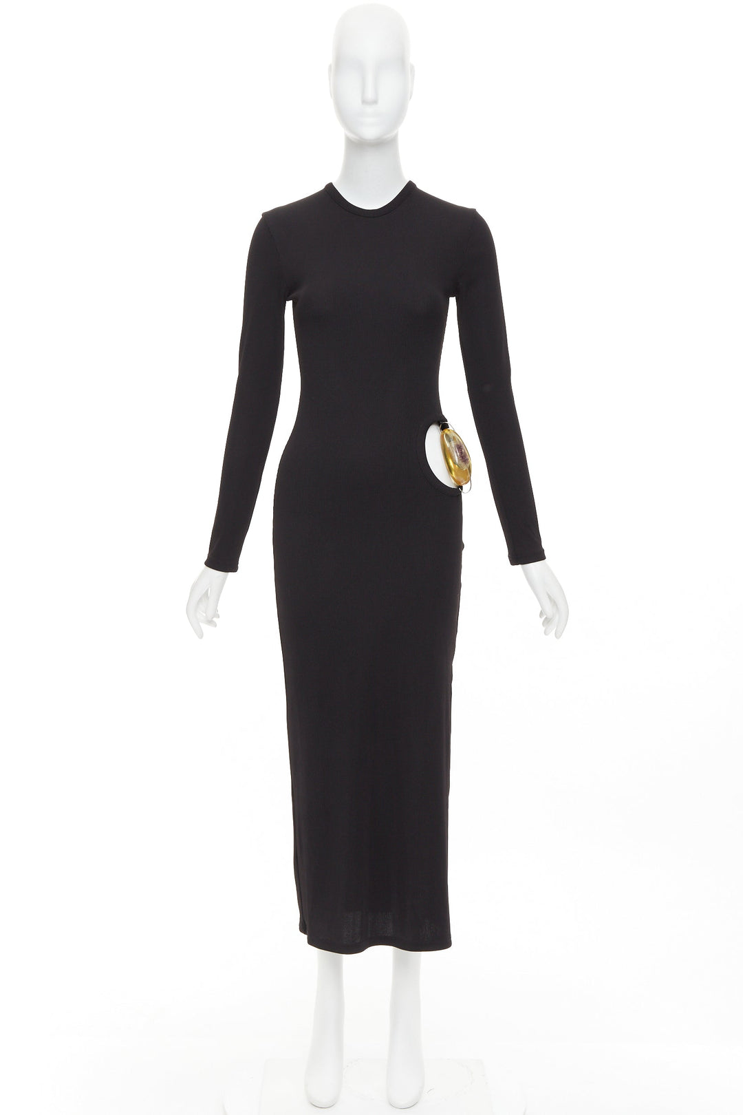 CHRISTOPHER ESBER black ribbed brown floral acrylic cut out bodycon dress UK6 XS