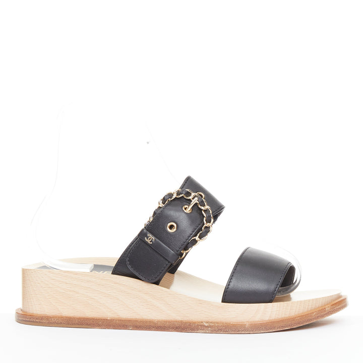 CHANEL 2018 black calfskin leather chain buckle wooden slide wedge  sandals EU38