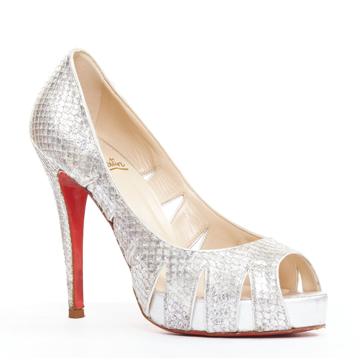 CHRISTIAN LOUBOUTIN Fontanete silver scaled leather cut out platforms EU37.5