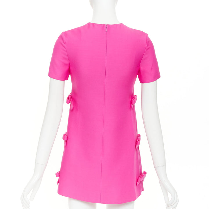 VALENTINO 2022 Runway PP Pink wool silk bow embellishment crew mini dress IT36