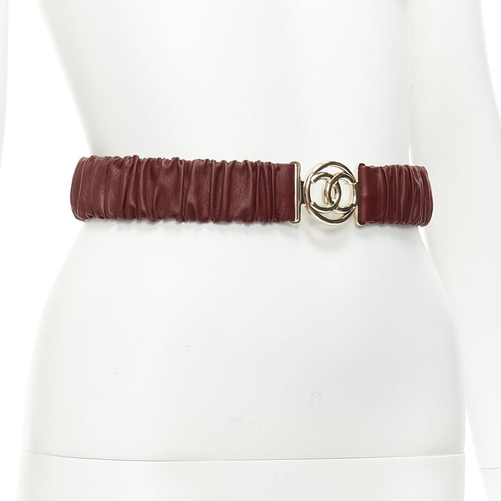 CHANEL B21K dark red ruched textured leather gold CC buckle elastic belt 70cm
