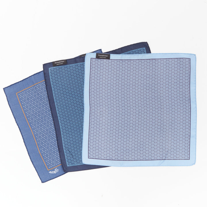 ERMENEGILDO ZEGNA Set of 3 blue geometric polka dot silk pocket square scarf