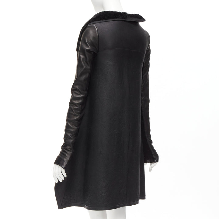 RICK OWENS black lamb leather shearling lined asymmetric coat IT38 XS