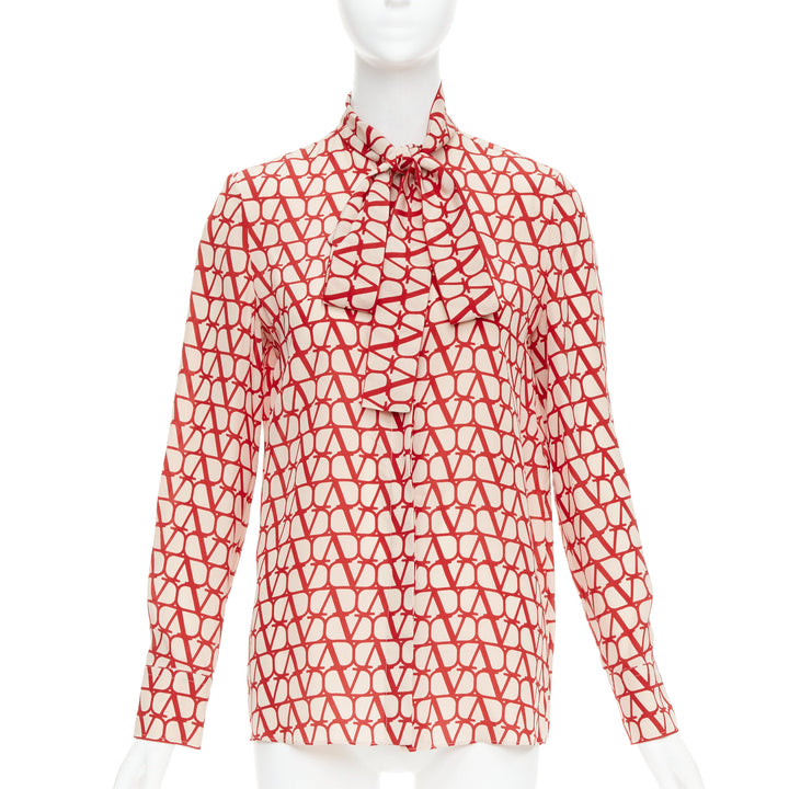 VALENTINO Iconographe Toile crepe de chine silk print tie blouse IT38 XS