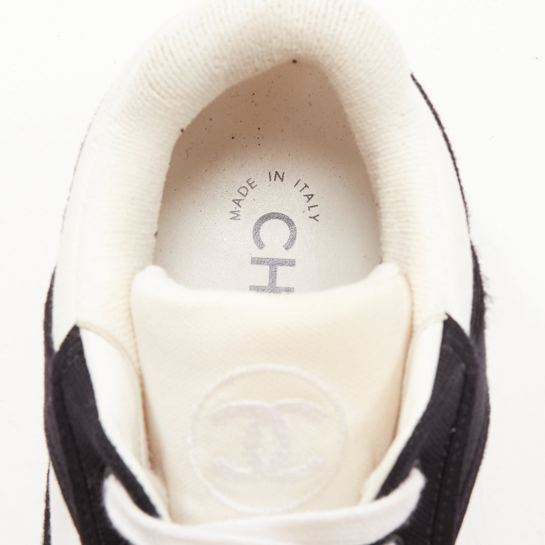 CHANEL 21S black white CC logo fabric minimal lace up sneakers EU36.5