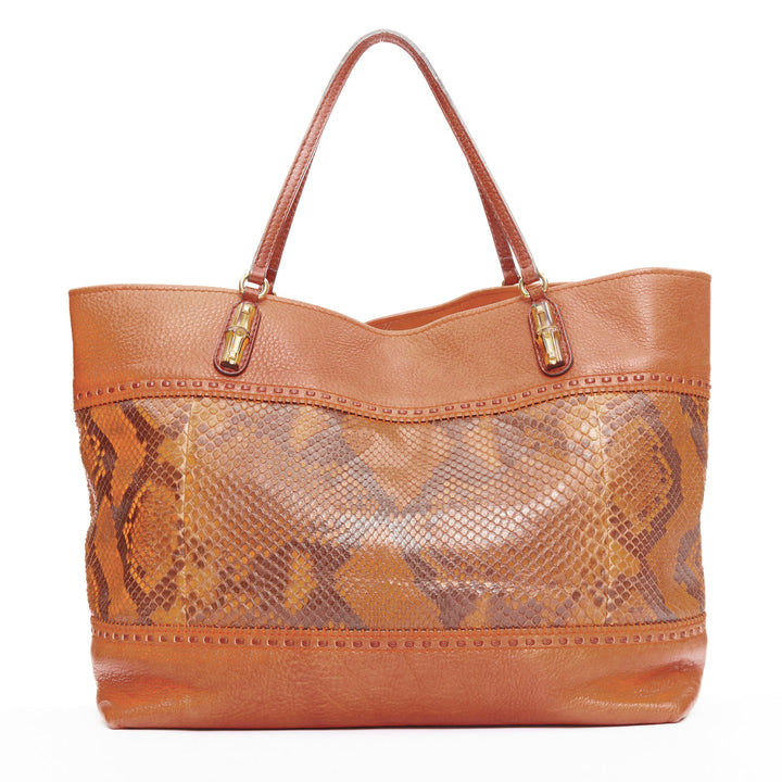GUCCI Laidback Crafty tan calf leather scaled panel bamboo hardware tote bag