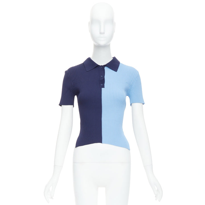 STAUD Brice blue bicolor ribbed side slits fitted polo top M