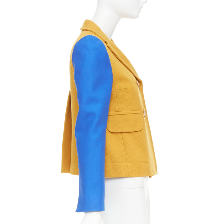 CARVEN 2013 yellow wool blue long sleeve pocketed double breasted jacket FR36 S