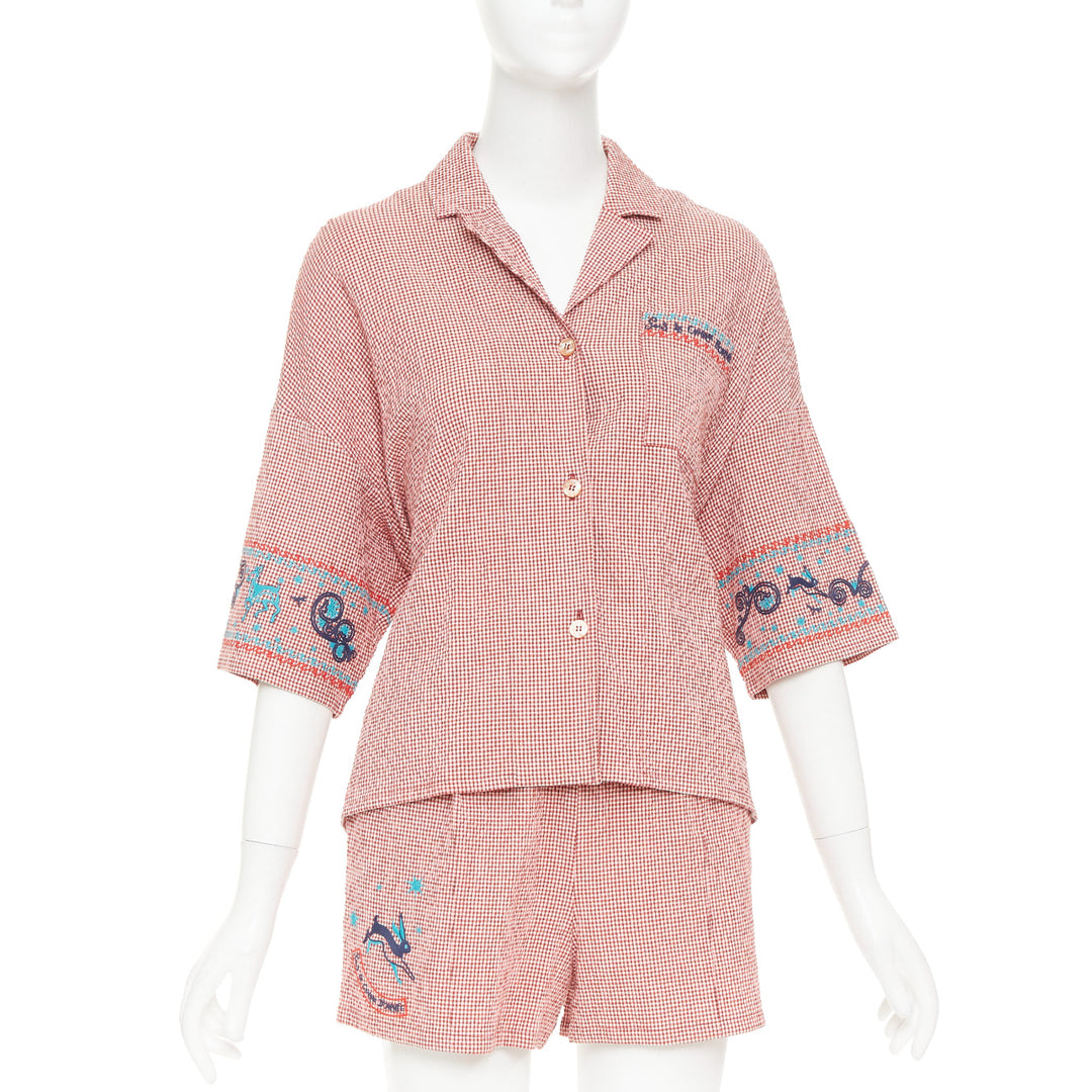 HERMES Sur La Pouce red gingham embroidered pajama shirt shorts set FR34 XS
