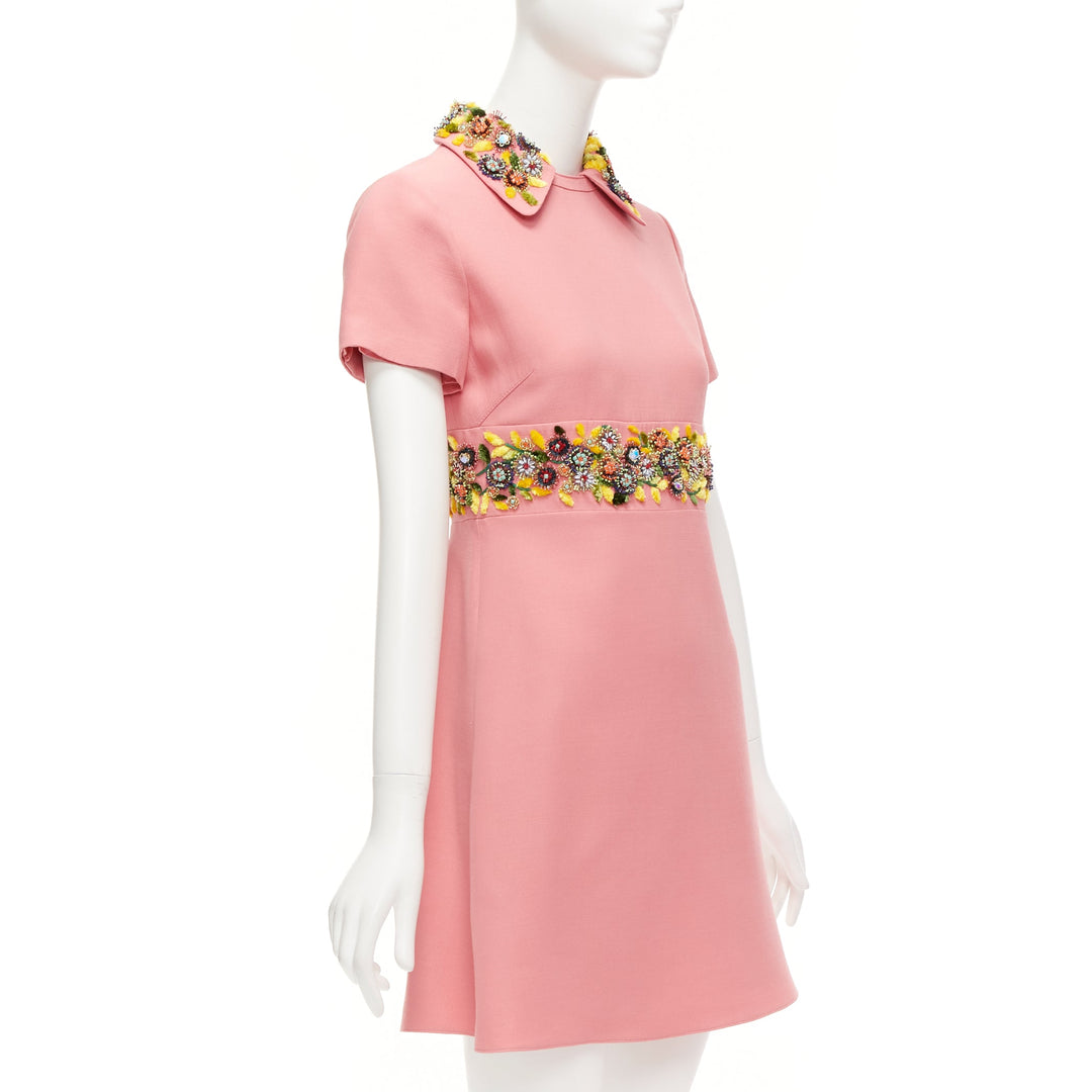 VALENTINO pink yellow multicolor beads embroidered collar belt shift dress