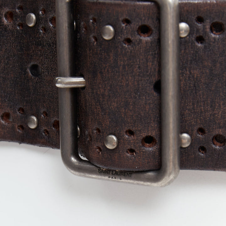 SAINT LAURENT brown leather silver studs eyelet buckle belt 85cm