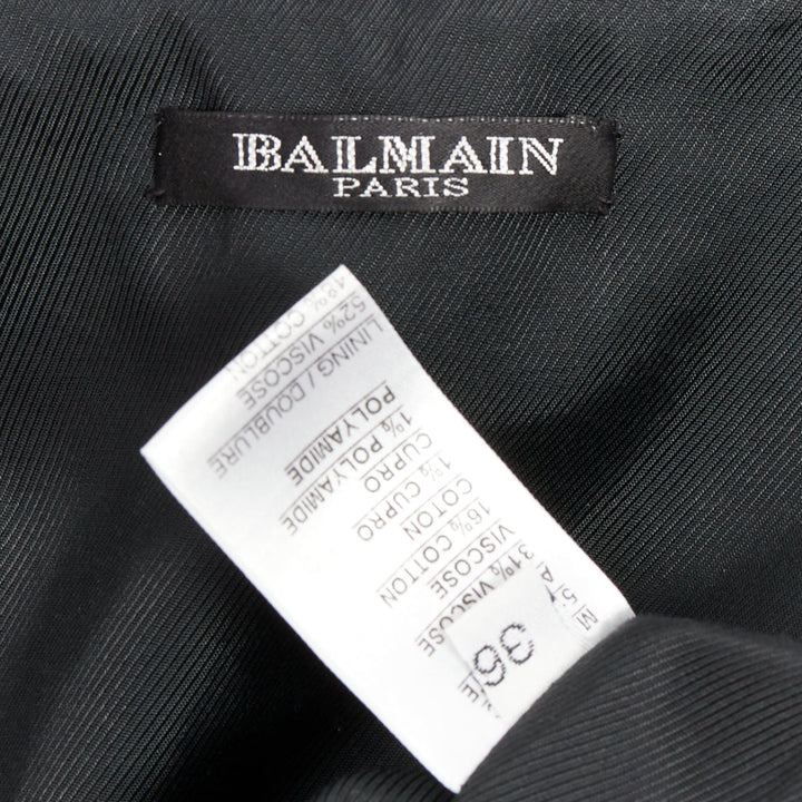 BALMAIN black lurex pinstripe ruched front scoop neck curvy mini dress FR36 S