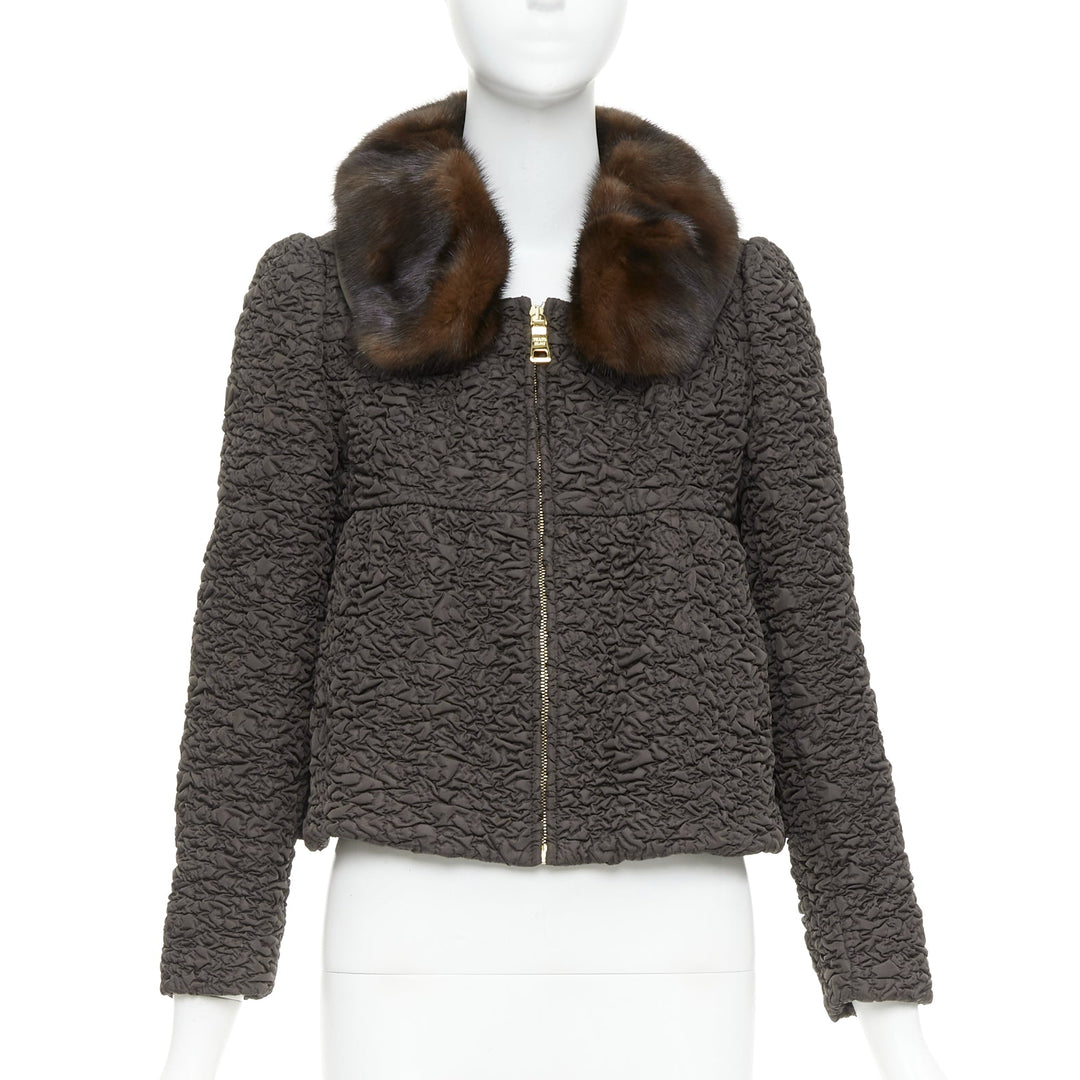 PRADA 2010 brown mink fur collar crinkled quilted puff sleeve jacket IT40 S