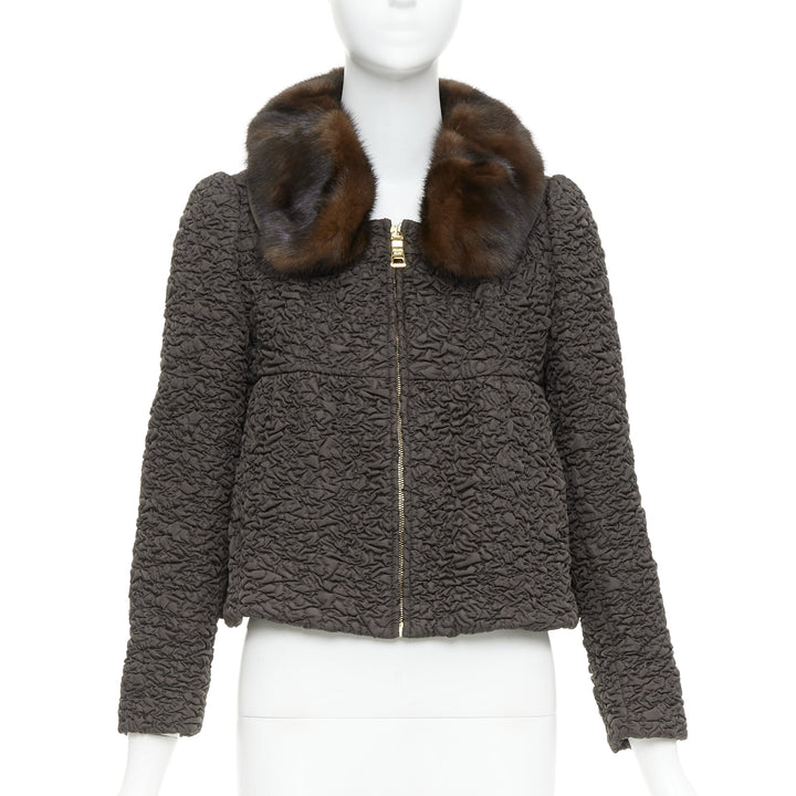 PRADA 2010 brown mink fur collar crinkled quilted puff sleeve jacket IT40 S