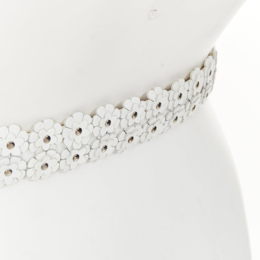 ALAIA 2022 white leather 3D floral petal laser cut studded slim waist belt 65cm