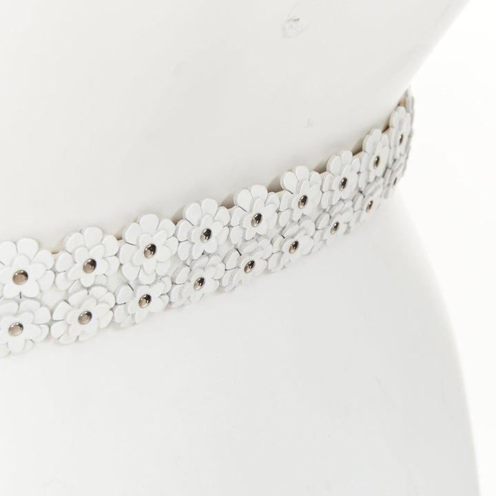 ALAIA 2022 white leather 3D floral petal laser cut studded slim waist belt 65cm