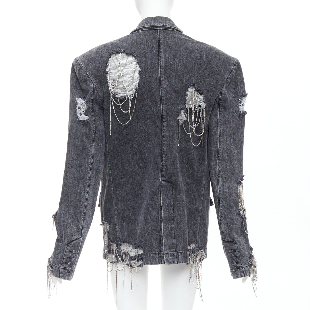 MARKGONG grey denim clear beads chain embellished blazer FR36 S