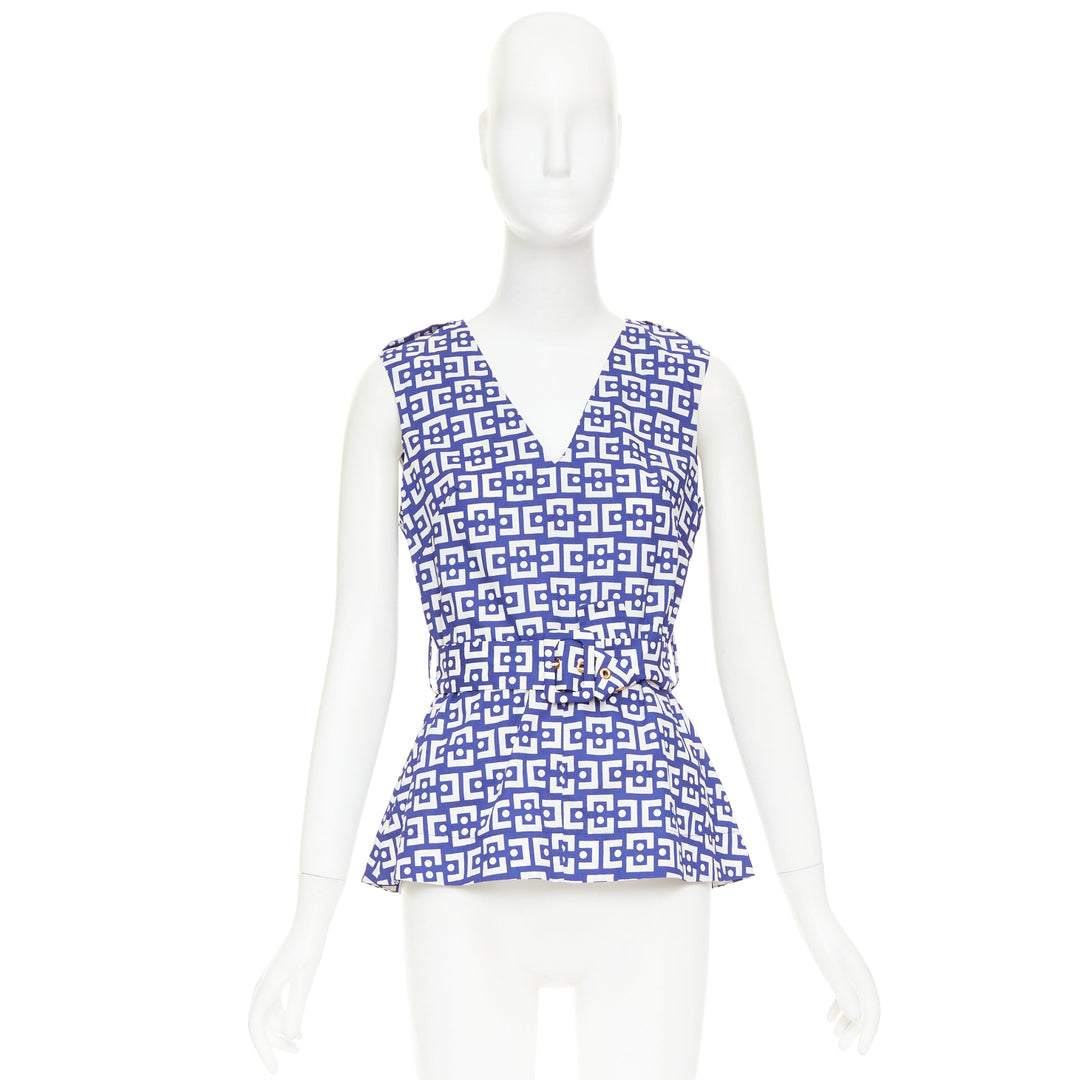 MARNI 2013 blue white cotton geometric print belted peplum V-neck top IT40 S